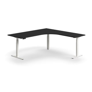 Dvižna pisalna miza QBUS, L-oblika, 2000x2000 mm, beli okvir, črna