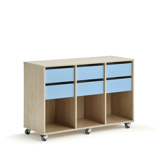 Regał szkolny CASPER, 6 szuflad, 3 przegrody, brzoza, błękitny