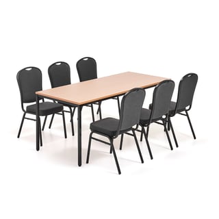 Veitingahúsapakki JAMIE+ HARTFORD, 1800x800mm borð, beyki + 6 stólar, svart tauáklæði