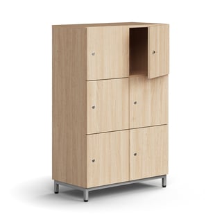 Abschließbare Aufbewahrungseinheit QBUS, 6 Fächer, Beingestell, 1252x800x420 mm, silber, Eiche