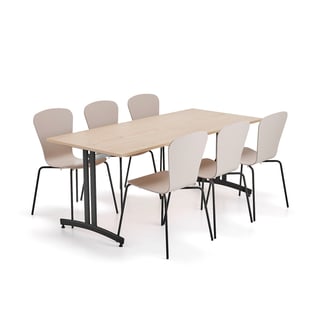 Møbelsæt SANNA + MILLA, 1 bord og 6 stole, sort/sand