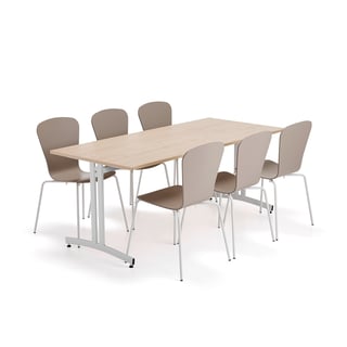 Húsgagnasett SANNA + MILLA, 1 borð og 6 stólar, hvítt/leirgrátt