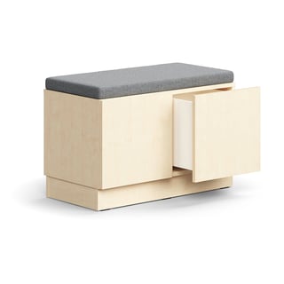 Drawer storage bench QBUS, base frame, push-open, 534x800x420 mm, birch, grey cushion
