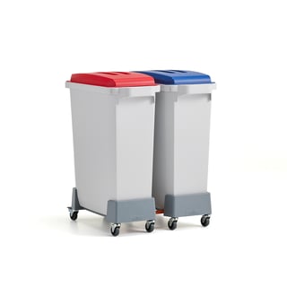 Sorteringskombination OLIVER, 2 st x 60 liter, med rött/blått lock + vagn