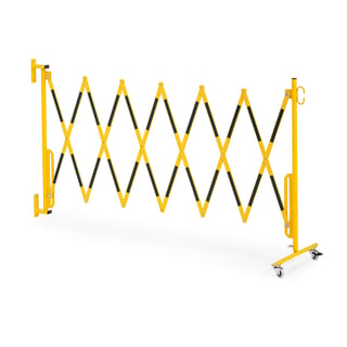 Accordion safety barrier, wheels + wall bracket, black, yellow