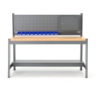 Arbeidsbenk COMBO, med verktøypanel, topplate i eikeparkett, H1530 L1840 B775mm