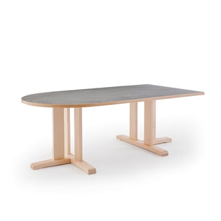 Table KUPOL, half oval, 1800x800x600 mm, grey linoleum, birch