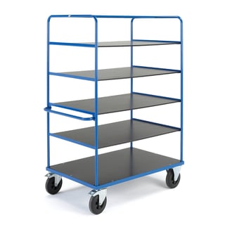 Shelf trolley TRANSFER, 5 shelves, 1200x800x1800 mm, rubber wheels, with brakes