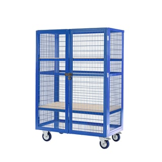 Mobile storage cage, plywood shelves, 1655x900x600 mm, blue