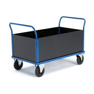 Plattformwagen TRANSFER mit hohem Holzpanelen, 1200 x 800 mm, Gummirollen feststellbar