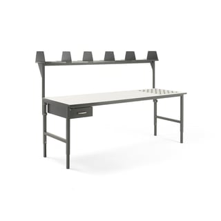 Pakke: Arbeidsbord CARGO med kuleruller, 2400x750 mm, 1 skuff + overhylle