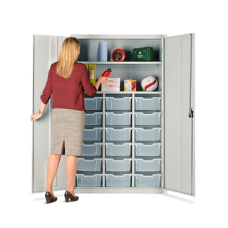 Teacher's tray storage cupboard, 1830x1120x457 mm, grey, with 18 clear trays