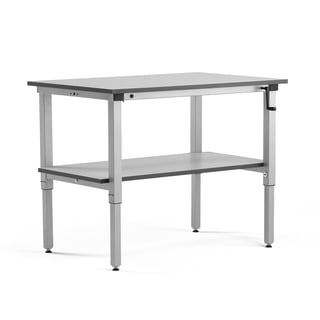 Height adjustable workbench MOTION + bottom shelf, manual, 150 kg load, 1200x800 mm