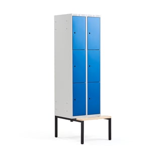 Schließfachschrank CLASSIC mit Sitzbank, 2 Module/3 Türen, 2120 x 600 x 550 mm, blau