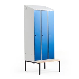 Full length locker CLASSIC, bench seat, 3 modules, 2290x900x550mm, blue