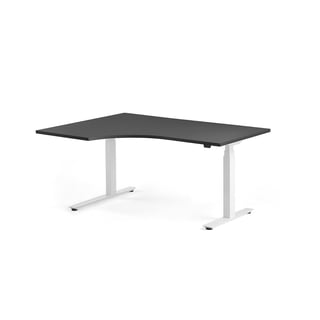 Hæve sænke hjørneskrivebord MODULUS, T-stel, 1600x1200 mm, hvid, sort