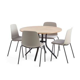 Meubelset VARIOUS + LANGFORD, 1 tafel en 4 grijze stoelen