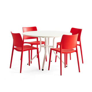 Furniture set VARIOUS + RIO, 1 table and 4 red chairs