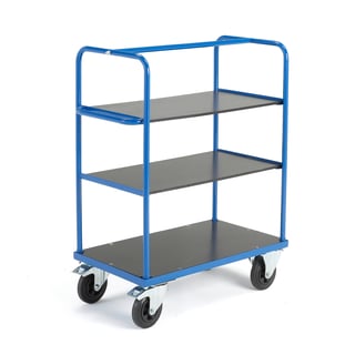 Shelf trolley TRANSFER, 3 shelves, 900x500x1180 mm, rubber wheels, with brakes