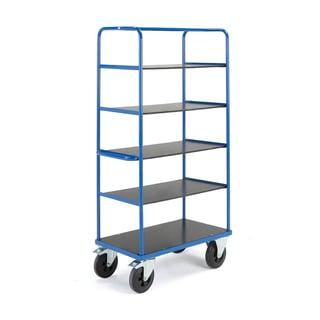 Shelf trolley TRANSFER, 5 shelves, 900x500x1800 mm, rubber wheels, with brakes