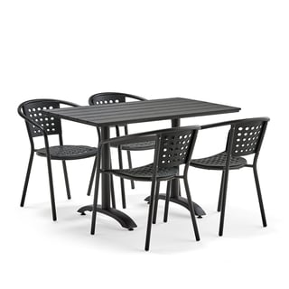 Buitenset PIAZZA + CAPRI, 1 rechthoekige tafel + 4 zwarte stoelen