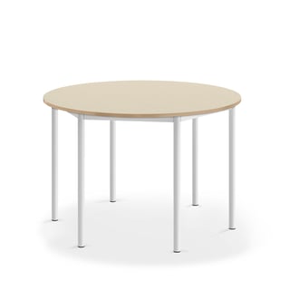 Tisch SONITUS, rund, Ø1200x760 mm, Hochdrucklaminat Birke, weiß