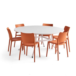 Meubelset VARIOUS + RIO, 1 tafel en 6 oranje stoelen