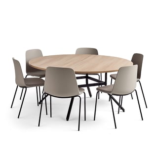 Meubelset VARIOUS + LANGFORD, 1 tafel en 6 grijs/bruine stoelen