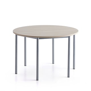 Desk SONITUS PLUS, Ø1200x760 mm, ash high pressure laminate, alu grey
