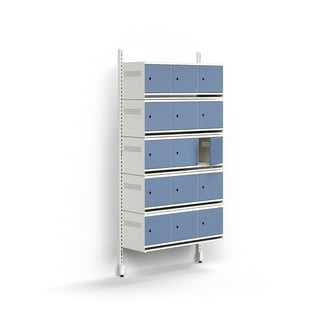Schuhschrank ENTRY, Grundmodul, wandhängend, 15 Metalltüren, 1800 x 900 x 300 mm, weiß/blau
