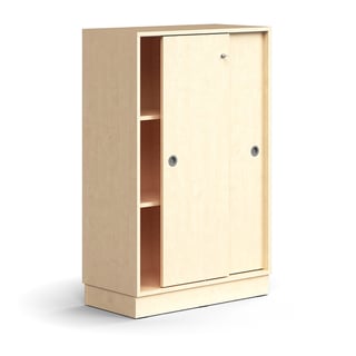 Afsluitbare kast met schuifdeur QBUS, 2 planken, onderstel, handvatten, 1252 x 800 x 400 mm, berken