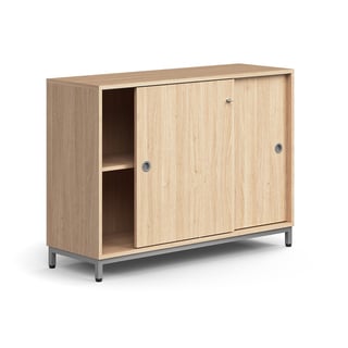 Lockable sliding door cabinet QBUS, 1 shelf, leg frame, handles, 868x1200x400 mm, silver, oak