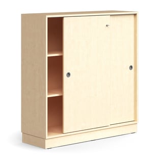 Afsluitbare kast met schuifdeur QBUS, 2 planken, onderstel, handvatten, 1252 x 1200 x 400 mm, berken