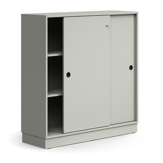 Lockable sliding door cabinet QBUS, 2 shelves, base frame, handles, 1252x1200x400 mm, light grey