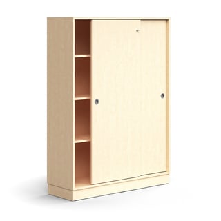 Afsluitbare kast met schuifdeur QBUS, 3 planken, onderstel, handvatten, 1636 x 1200 x 400 mm, berken