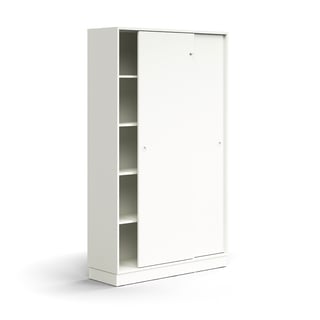 Lockable sliding door cabinet QBUS, 4 shelves, base frame, handles, 2020x1200x400 mm, white