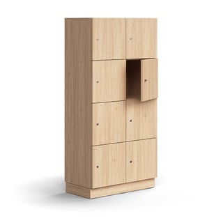 Lockable personal storage QBUS, 8 comps, base frame, 1636x800x420 mm, oak