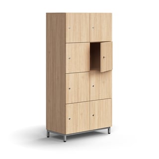 Lockable personal storage QBUS, 8 comps, leg frame, 1636x800x420 mm, silver, oak