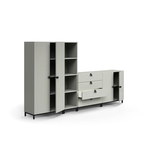 Storage unit QBUS, cabinet + 4 open comps + 4 dwrs + cupboard, leg frame, handles, 1636x2800x420 mm,