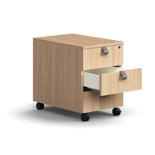 Mobile pedestal QBUS, 3 drawers incl. handles, lockable, oak