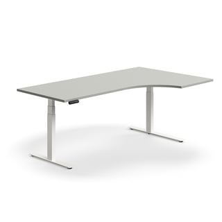 Výškovo nastaviteľný stôl QBUS, rohový, 2000x1200 mm, biely rám, svetlošedá