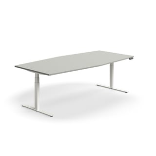 Møtebord QBUS, hev/senk, båtformet,  L2400 B1200 mm, hvitt, lys grå