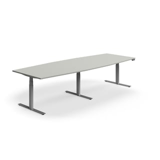 Standing meeting table QBUS, boat shaped, 3200x1200 mm, silver frame, light grey