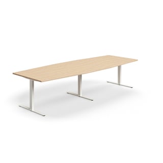 Conference table QBUS, boat shaped, 3200x1200 mm, T-frame, white frame, oak