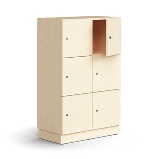 Lockable personal storage QBUS, 6 comps, base frame, 1252x800x420 mm, birch