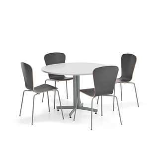 Pakettitarjous SANNA + MILLA PLUS, 1 pöytä ja 4 tuolia, hopea/musta