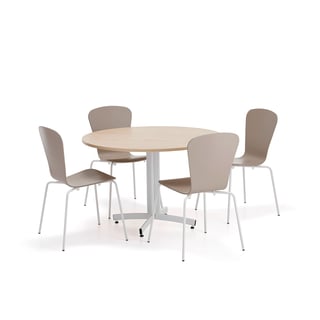 Möbelset SANNA + MILLA, 1 Tisch + 4 Stühle, weiß/lehmgrau