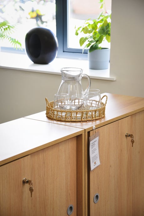 Lockable oak office storage cabinets on display at the AJ Products showroom in Farnborough