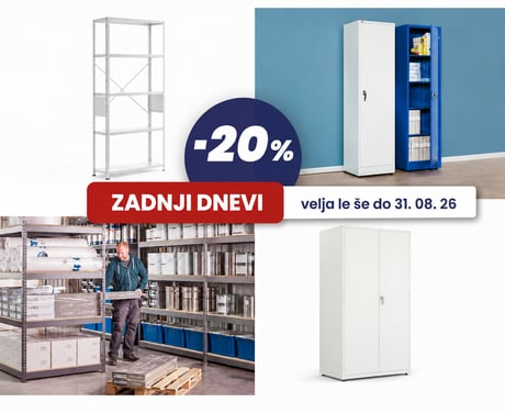 Izkoristite akcijsko ponudbo kovinskih regalov in omar! Do 25. 8. 2026 pa tudi posebno promocijsko ponudbo izdelkov za varno ravnanje s kemikalijami.