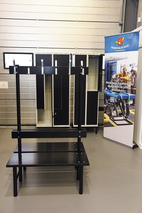 Changing room benches on display at the AJ Products Farnborough